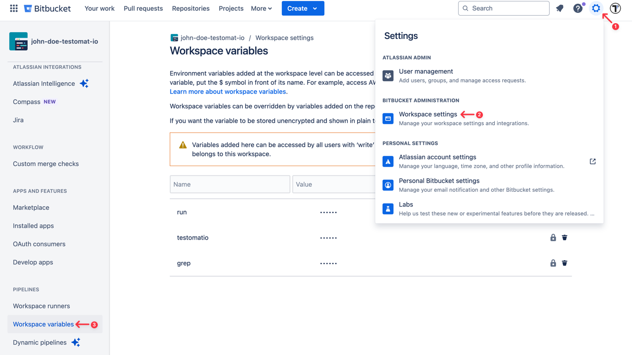 Testomat.io - Bitbucket Workspace Variables